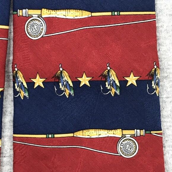 Tommy Hilfiger Silk Tie Mens Red Blue Fly Fishing Lures Stars Outdoor Sports - Picture 4 of 5